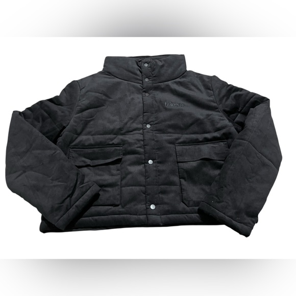 Civil Regime men’s Black corduroy Jacket size large stand mock collar snap front